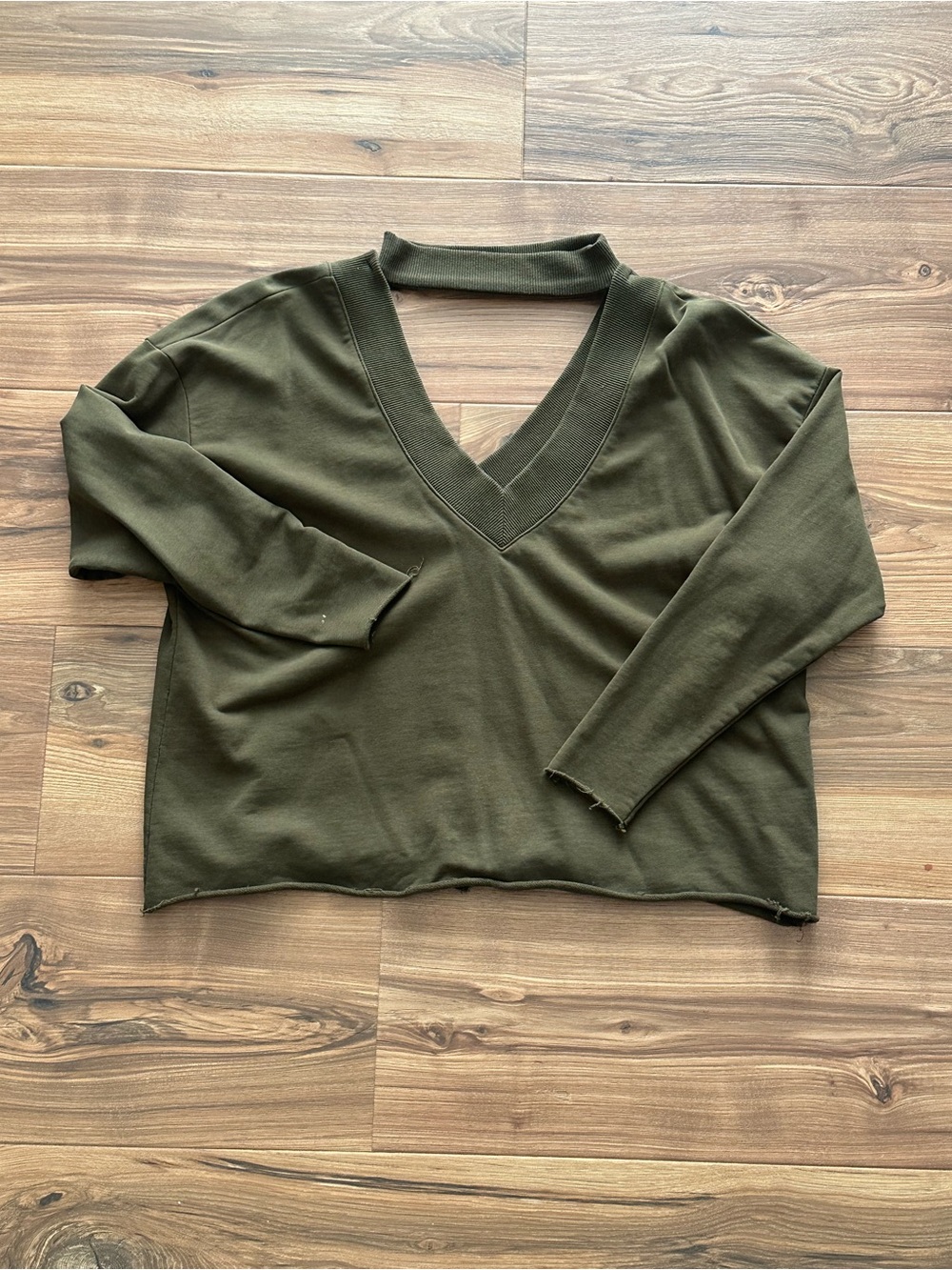 Olive V-Neck Women's Sweater with Cutout Collar